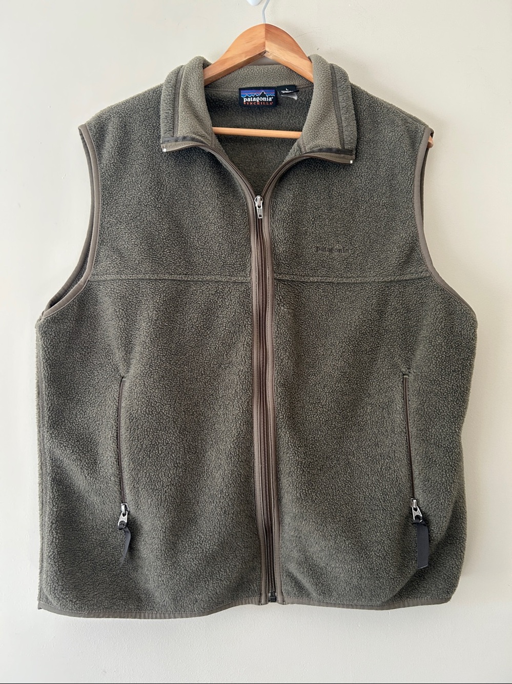Patagonia Vintage Synchilla Vest  Green/Brown Large Full Zip Up Pockets YKK Zip